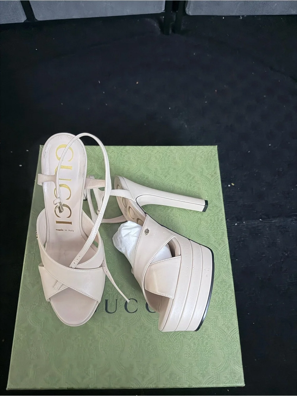 Gucci Beige Platform Sandals with High Block Heel